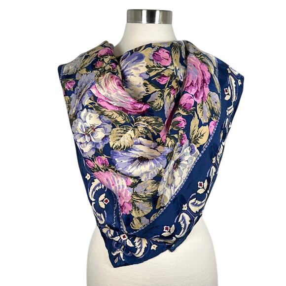 Vintage Jeannene Booher Silk Floral PrintShawl Wrap Neck Scarf Blue Purple - Picture 1 of 5